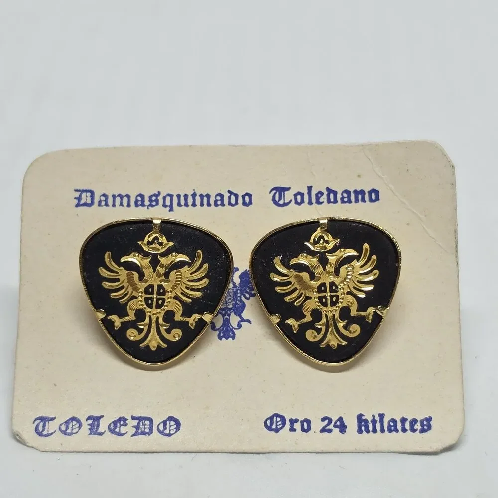 VINTAGE 1960s CUFFLINKS DOUBLE HEAD EAGLE DAMASCENE TOLEDO WARE SPAIN 24k GP